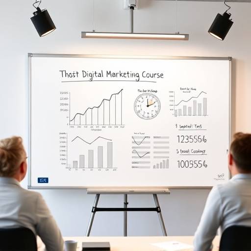 Image d'un tableau blanc avec des graphiques et des chiffres, symbolisant le cours de marketing digital.