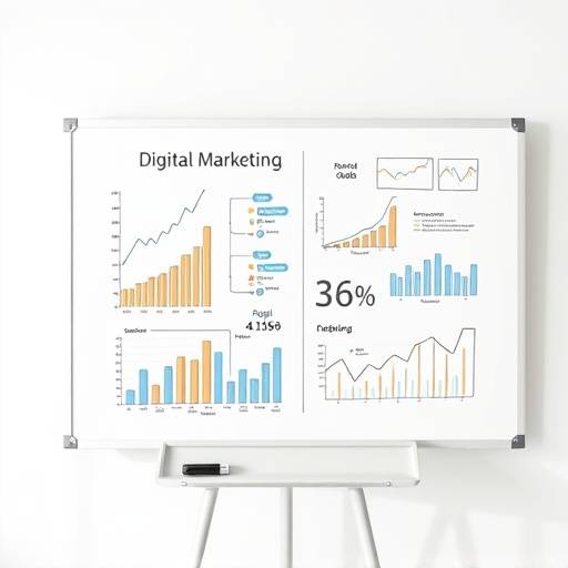 Image d'un tableau blanc avec des graphiques et des diagrammes, représentant le cours de marketing digital.